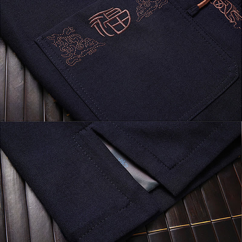 Buddha Stones Fu Character Embroidery Tang Suit Frog-Button Men's Long Sleeve Jacket Shirt Pants - image 3