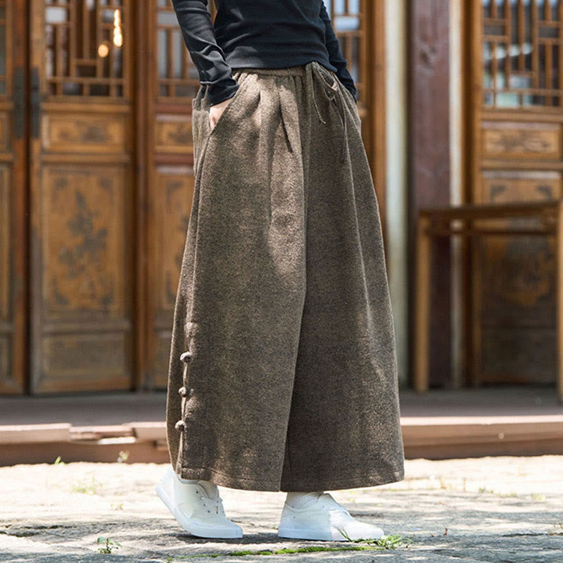 Buddha Stones Winter Chinese Frog-Button Design Corduroy Thermal Men's Wide Leg Pants With Pockets - image 16