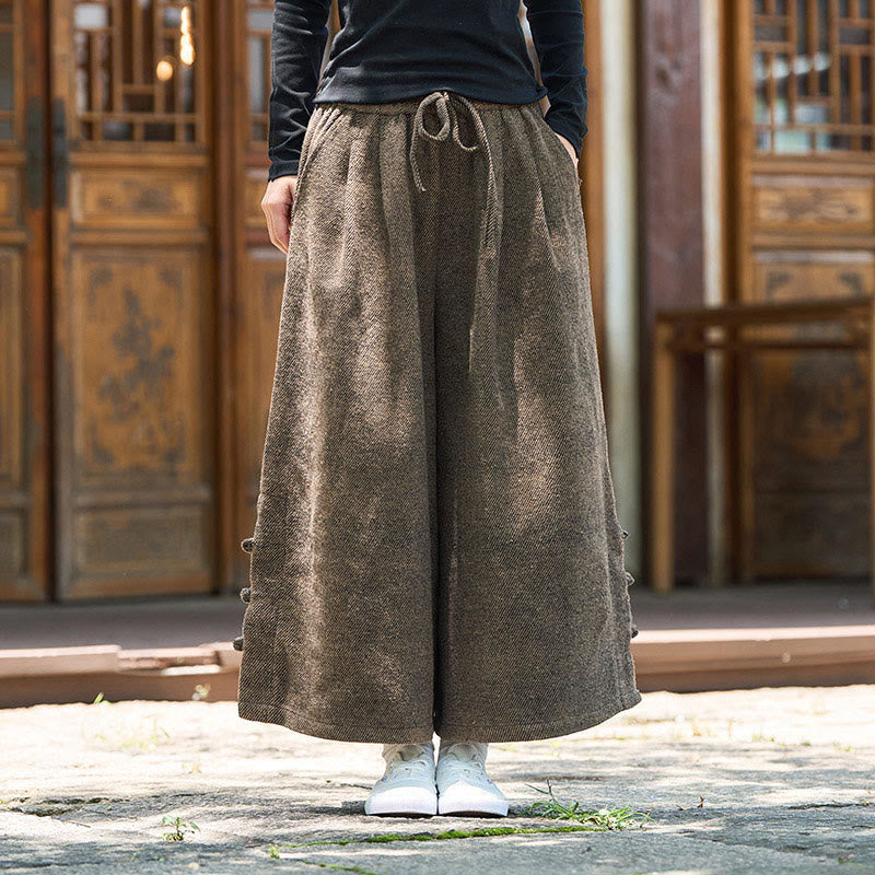 Buddha Stones Winter Chinese Frog-Button Design Corduroy Thermal Men's Wide Leg Pants With Pockets - image 13