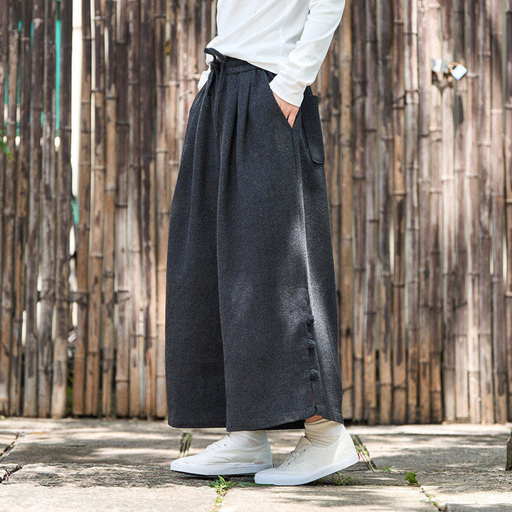 Buddha Stones Winter Chinese Frog-Button Design Corduroy Thermal Men's Wide Leg Pants With Pockets - image 5