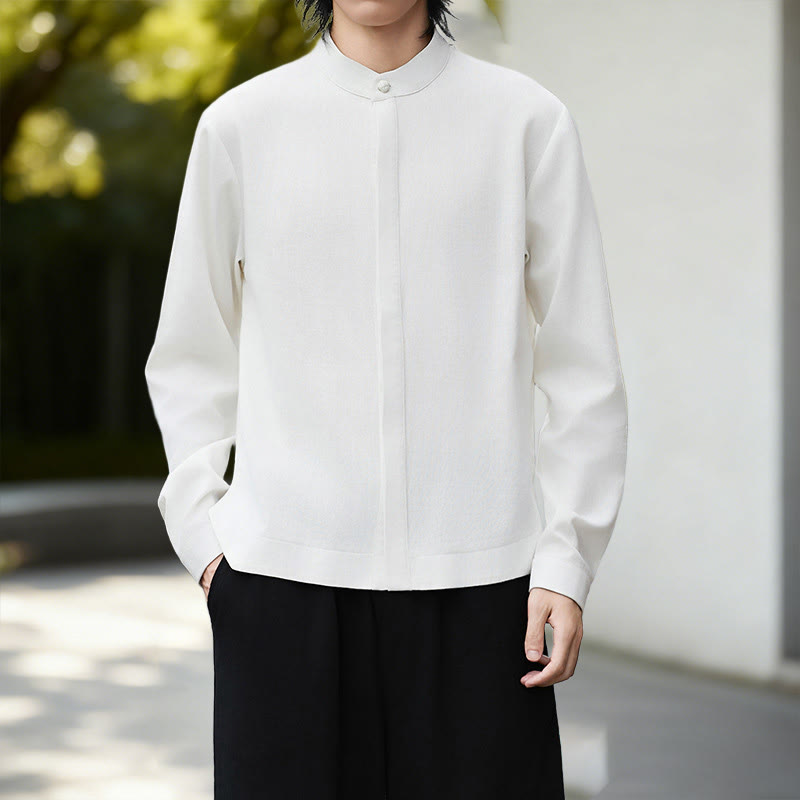 Buddha Stones Fall Solid Color White Men's Long Sleeve Cotton Linen Shirt Corduroy Kimono - image 1