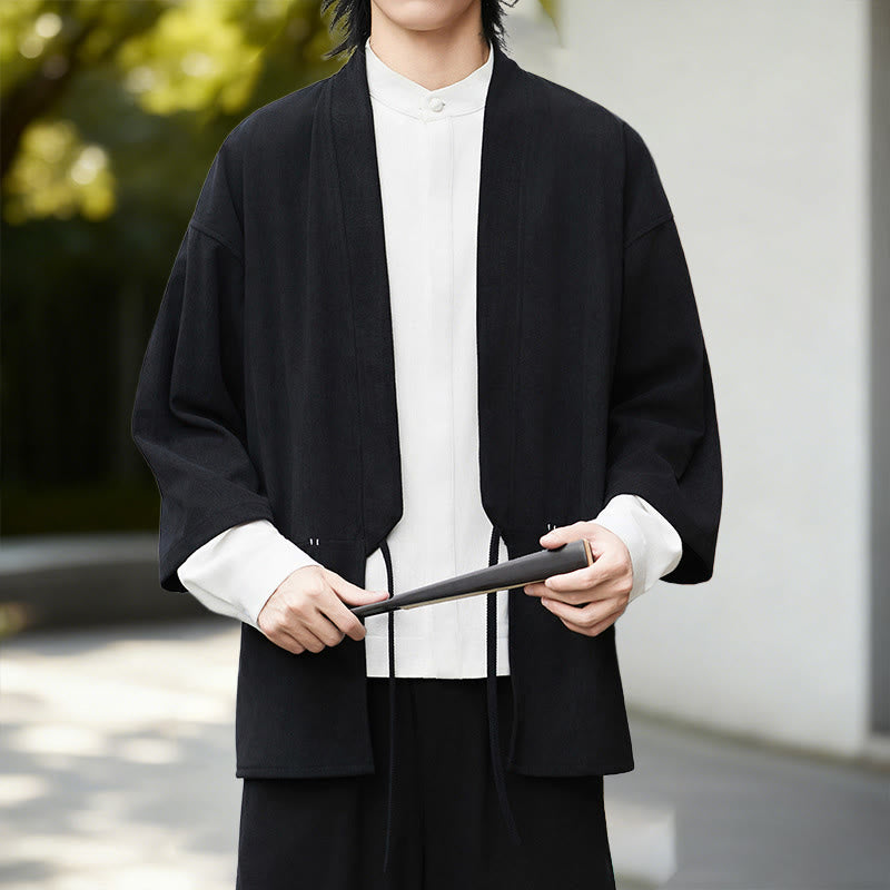 Buddha Stones Solid Color Open Front Long Sleeve Corduroy Jacket Men's Kimono Cotton Linen Shirt - Black Kimono - US/UK/AU46，EU56 (5XL) - image 0