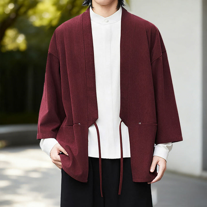 Buddha Stones Solid Color Open Front Long Sleeve Corduroy Jacket Men's Kimono Cotton Linen Shirt - image 9