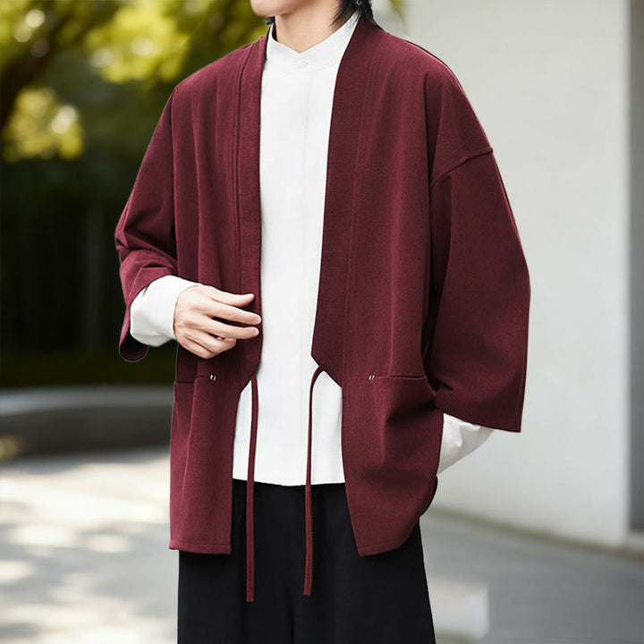 Buddha Stones Solid Color Open Front Long Sleeve Corduroy Jacket Men's Kimono Cotton Linen Shirt - image 10