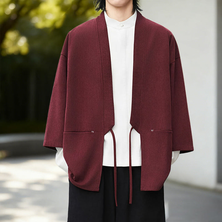 Buddha Stones Solid Color Open Front Long Sleeve Corduroy Jacket Men's Kimono Cotton Linen Shirt - image 14