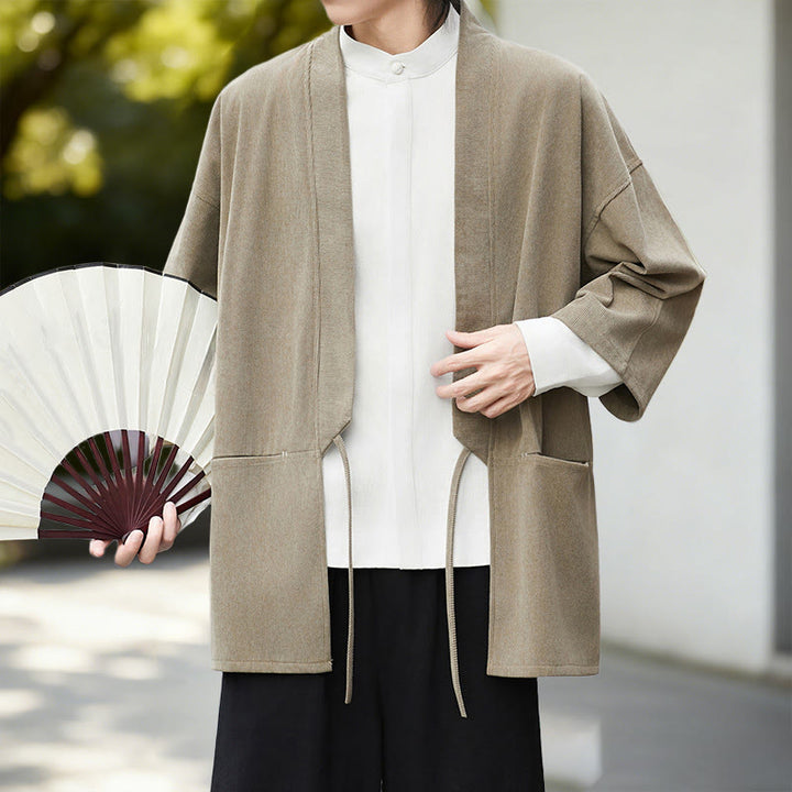Buddha Stones Solid Color Open Front Long Sleeve Corduroy Jacket Men's Kimono Cotton Linen Shirt - image 16