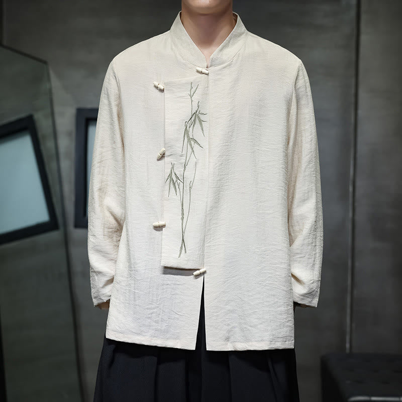 Buddha Stones Fall Solid Color Bamboo Leaf Embroidery Men's Long Sleeve Cotton Linen Shirt - Beige - US/UK/AU46，EU56 (5XL) - image 7