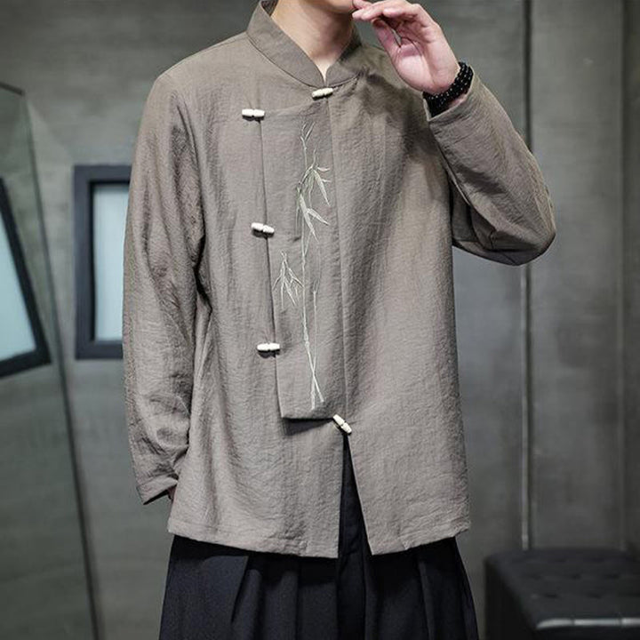 Buddha Stones Fall Solid Color Bamboo Leaf Embroidery Men's Long Sleeve Cotton Linen Shirt - image 5