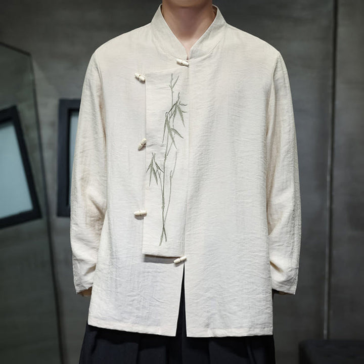 Buddha Stones Fall Solid Color Bamboo Leaf Embroidery Men's Long Sleeve Cotton Linen Shirt - image 10