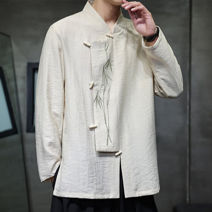 Buddha Stones Fall Solid Color Bamboo Leaf Embroidery Men's Long Sleeve Cotton Linen Shirt - image 13