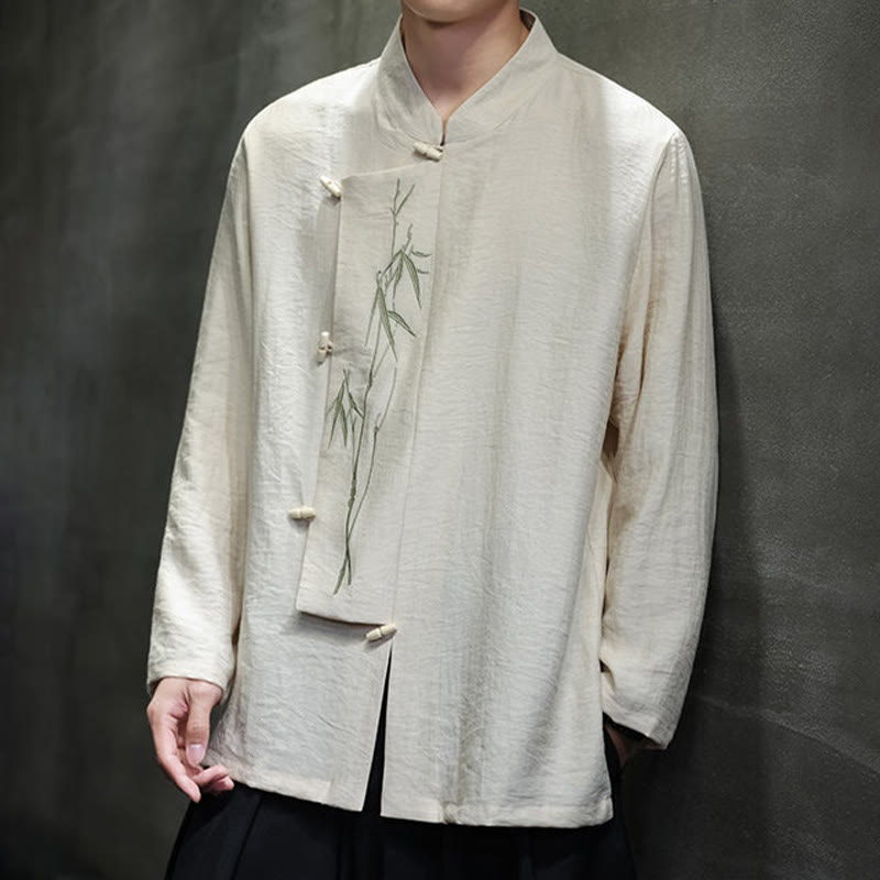 Buddha Stones Fall Solid Color Bamboo Leaf Embroidery Men's Long Sleeve Cotton Linen Shirt - image 14