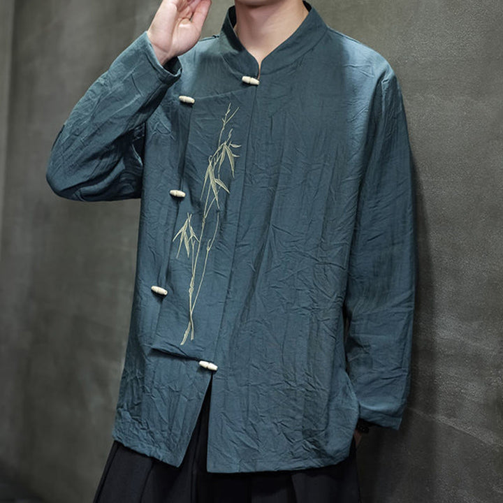 Buddha Stones Fall Solid Color Bamboo Leaf Embroidery Men's Long Sleeve Cotton Linen Shirt - image 26