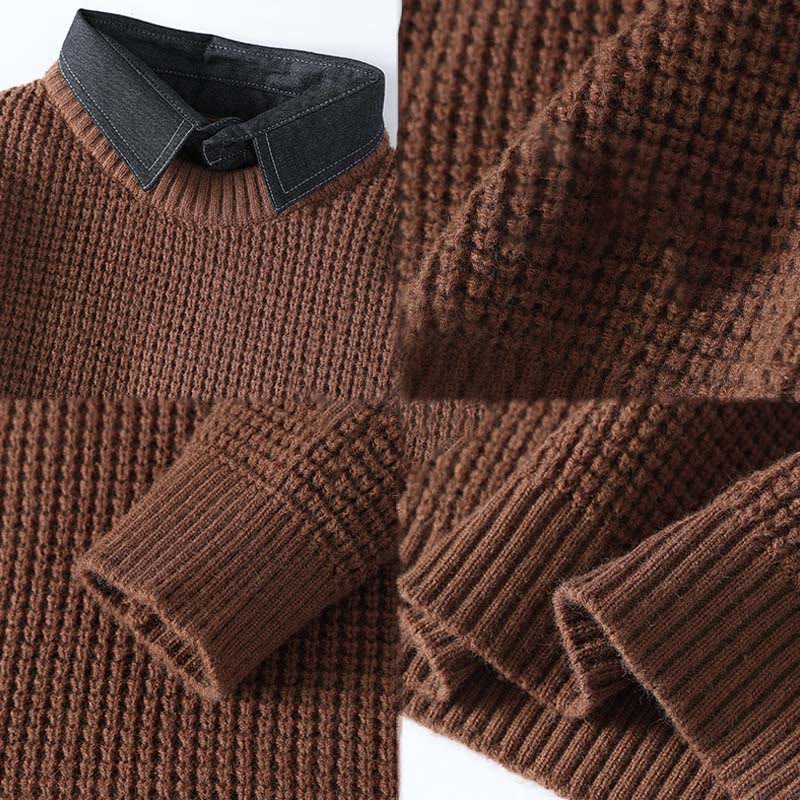 Buddha Stones Winter Black Stand Collar Waffle Pattern Warm Men's Long Sleeve Knitted Sweater - image 5
