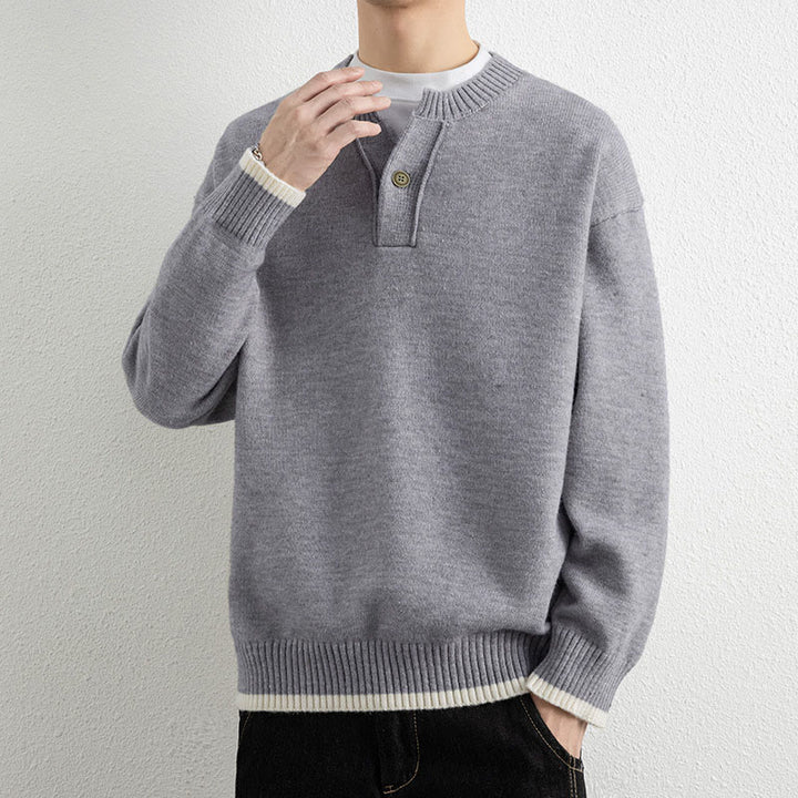 Buddha Stones Winter V-Neck One Button Design Warm Men's Long Sleeve Knitted Sweater - image 1