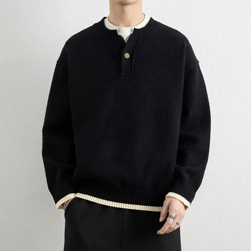 Buddha Stones Winter V-Neck One Button Design Warm Men's Long Sleeve Knitted Sweater - Black - US/UK/AU44，EU54 (4XL) - image 7