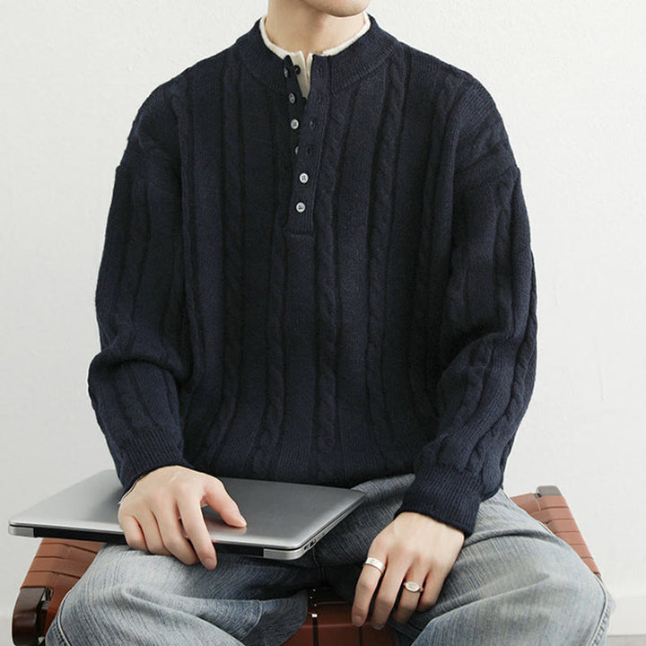 Buddha Stones Winter V-Neck Buttons Twisted Design Warm Men's Long Sleeve Knitted Sweater - image 4