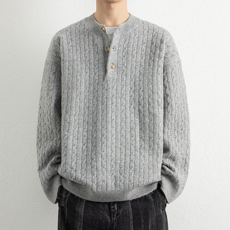 Buddha Stones Winter Crew Neck Three Buttons Twisted Design Warm Men's Long Sleeve Knitted Sweater - LightGrey - US/UK/AU42，EU52 (3XL) - image 11