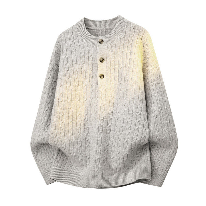 Buddha Stones Winter Crew Neck Three Buttons Twisted Design Warm Men's Long Sleeve Knitted Sweater - image 5