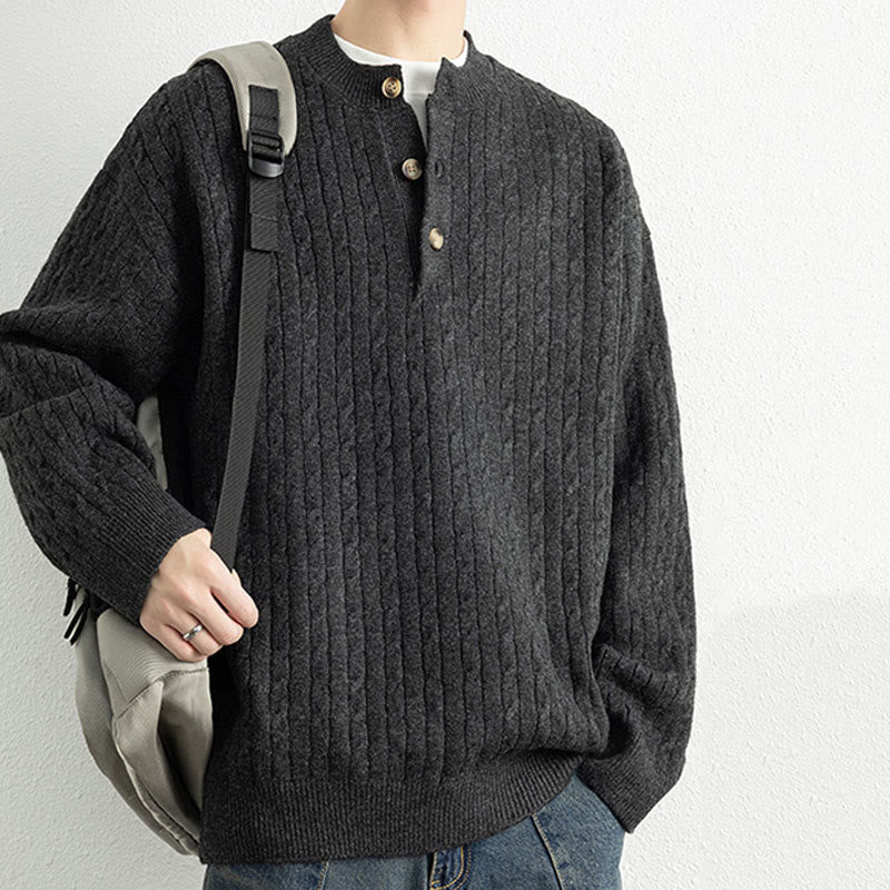 Buddha Stones Winter Crew Neck Three Buttons Twisted Design Warm Men's Long Sleeve Knitted Sweater - image 18
