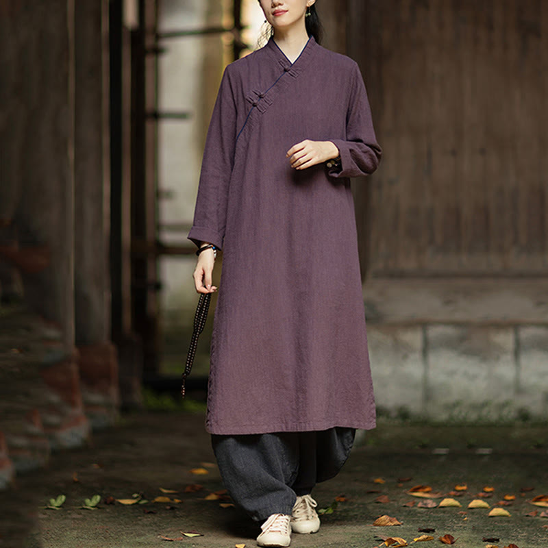 Buddha Stones Solid Frog-Button Long Sleeve Ramie Linen Midi Dress Cheongsam With Pockets - image 20