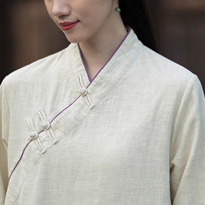 Buddha Stones Solid Frog-Button Long Sleeve Ramie Linen Midi Dress Cheongsam With Pockets - image 14