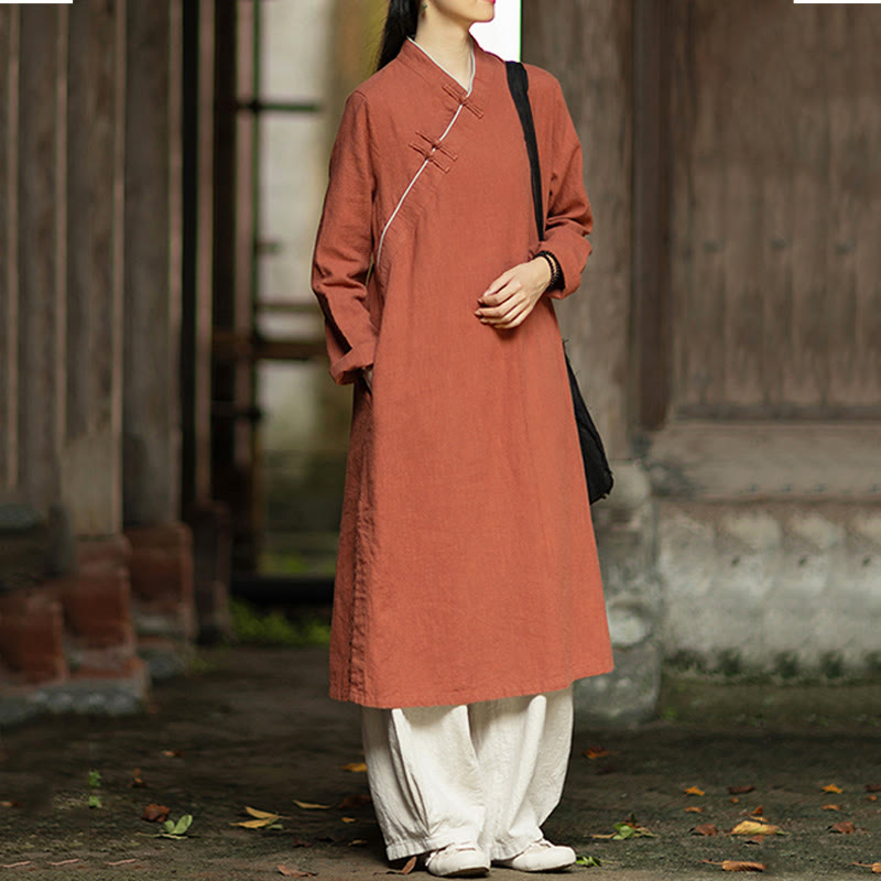 Buddha Stones Solid Frog-Button Long Sleeve Ramie Linen Midi Dress Cheongsam With Pockets - image 5