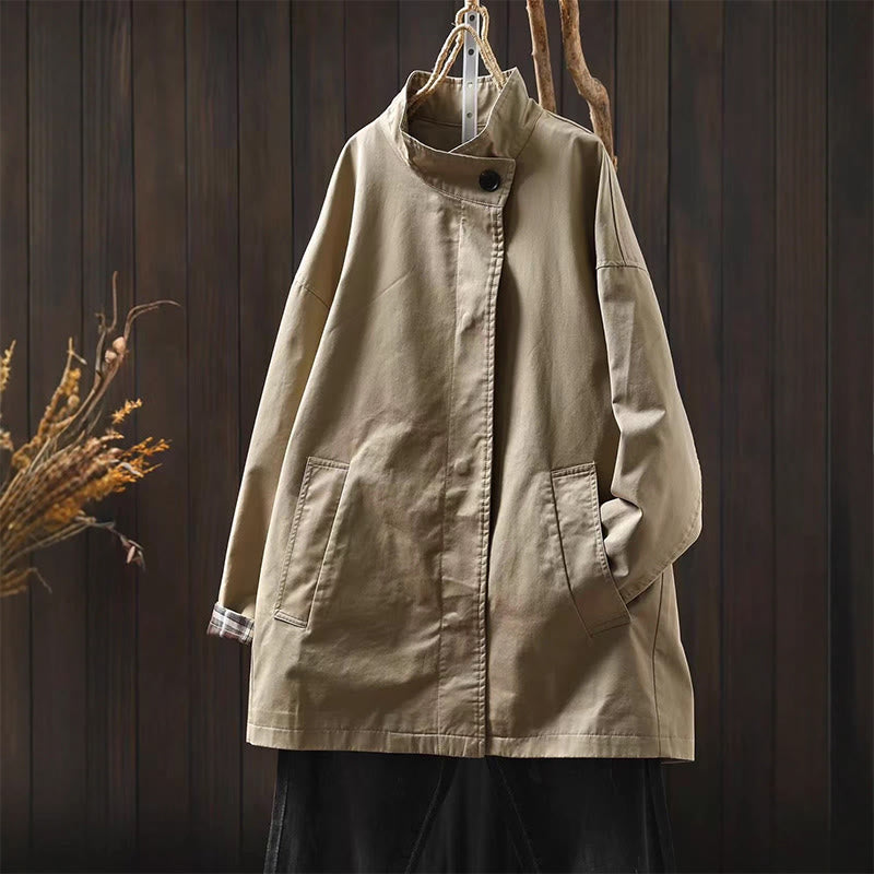 Buddha Stones Fall Buttons Long Sleeve Mid-length Cotton Women's Jacket With Pockets - Wheat - US4-6，UK/AU8-10，EU36-38 (F) - image 2