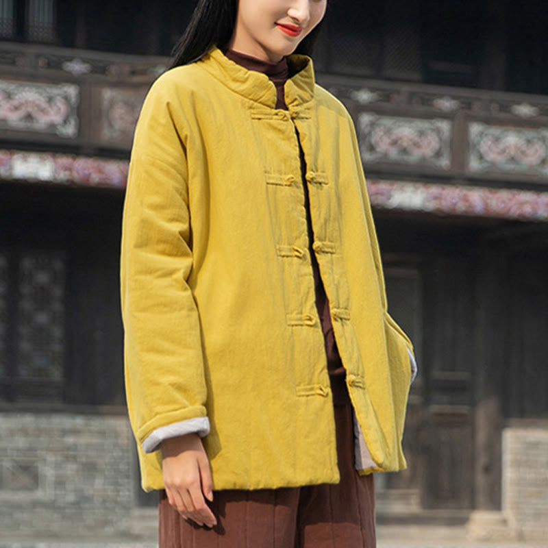 Buddha Stones Winter Solid Frog-Button Long Sleeve Cotton Women's Thermal Jacket With Pockets - image 5