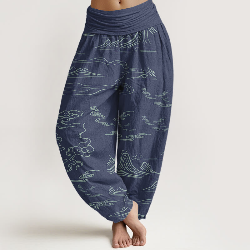 Buddha Stones Cotton Mountain Moon Auspicious Clouds Pattern Women's Elastic Waist Harem Pants - SteelBlue - US22，UK/AU26，EU54 (6XL) - image 4