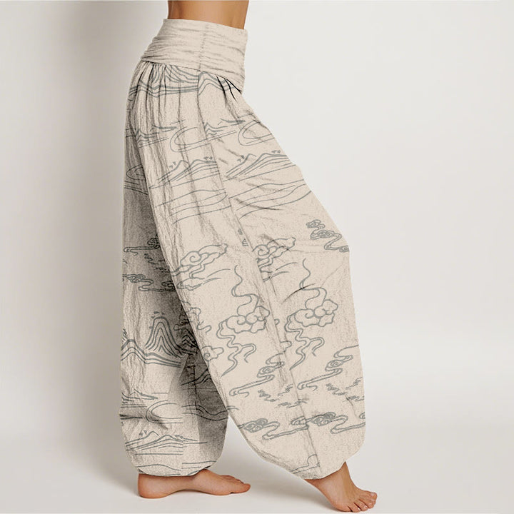 Buddha Stones Cotton Mountain Moon Auspicious Clouds Pattern Women's Elastic Waist Harem Pants - image 8