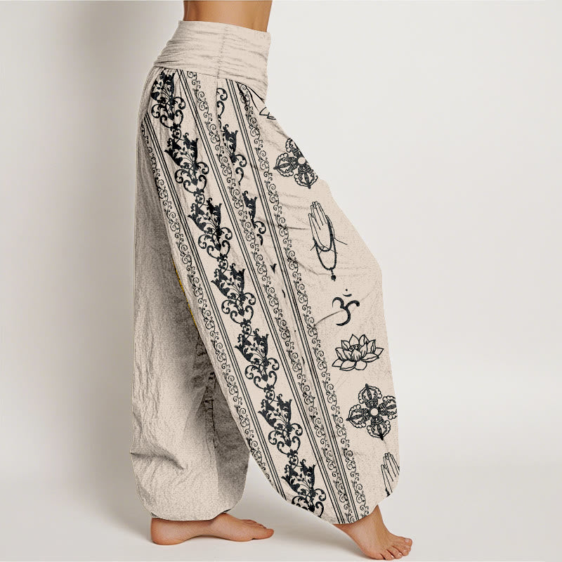 Buddha Stones Cotton Lotus Flowers Double Dorje Vajra Namaste Om Design Women's Elastic Waist Harem Pants - image 13