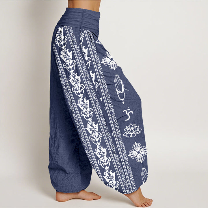 Buddha Stones Cotton Lotus Flowers Double Dorje Vajra Namaste Om Design Women's Elastic Waist Harem Pants - image 16