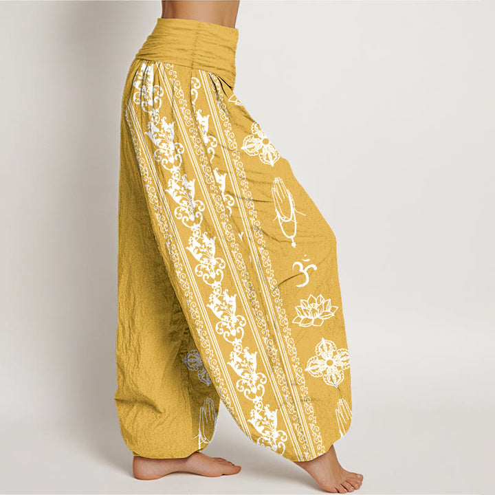Buddha Stones Pure Cotton Lotus Flowers Double Dorje Vajra Namaste Om Design Women's Elastic Waist Harem Pants - image 16