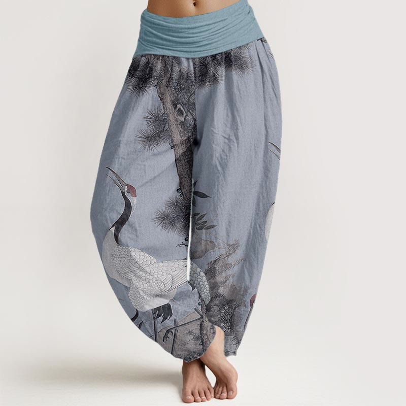 Buddha Stones Pure Cotton Casual Red-crowned Crane Pine Tree Mountain Women's Elastic Waist Harem Pants - LightSteelBlue - US22，UK/AU26，EU54 (6XL) - image 8