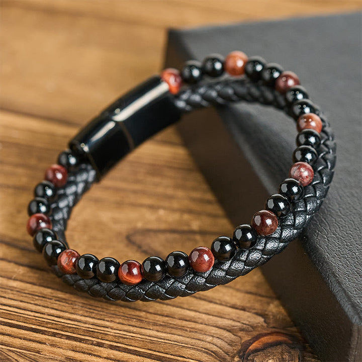 Buddha Stones Black Onyx Tiger Eye Titanium Steel Leather Protection Bracelet - Red Tiger Eye(Wrist Circumference: 18-19cm) - image 0
