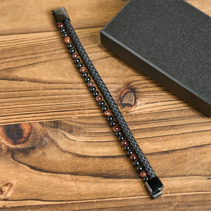 Buddha Stones Black Onyx Tiger Eye Titanium Steel Leather Protection Bracelet - image 4