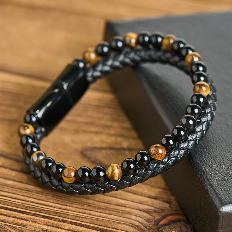 Buddha Stones Black Onyx Tiger Eye Titanium Steel Leather Protection Bracelet - Yellow Tiger Eye(Wrist Circumference: 18-19cm) - image 9