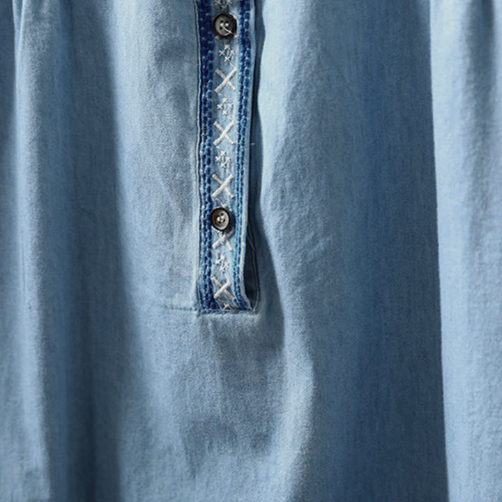 Buddha Stones Geometry Floral Embroidery Cotton Denim Half Buttons Long Sleeve Women's Shirt - image 6