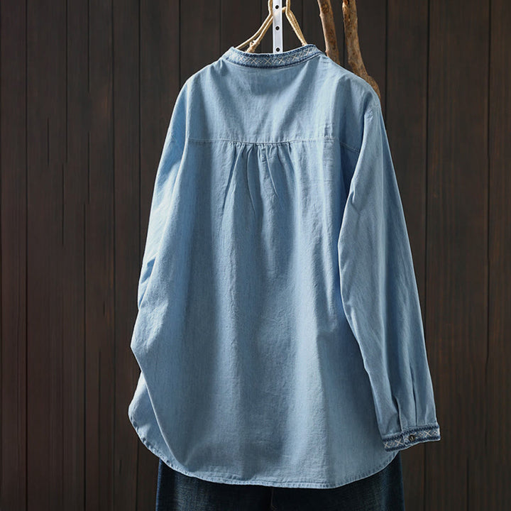 Buddha Stones Geometry Floral Embroidery Cotton Denim Half Buttons Long Sleeve Women's Shirt - image 1