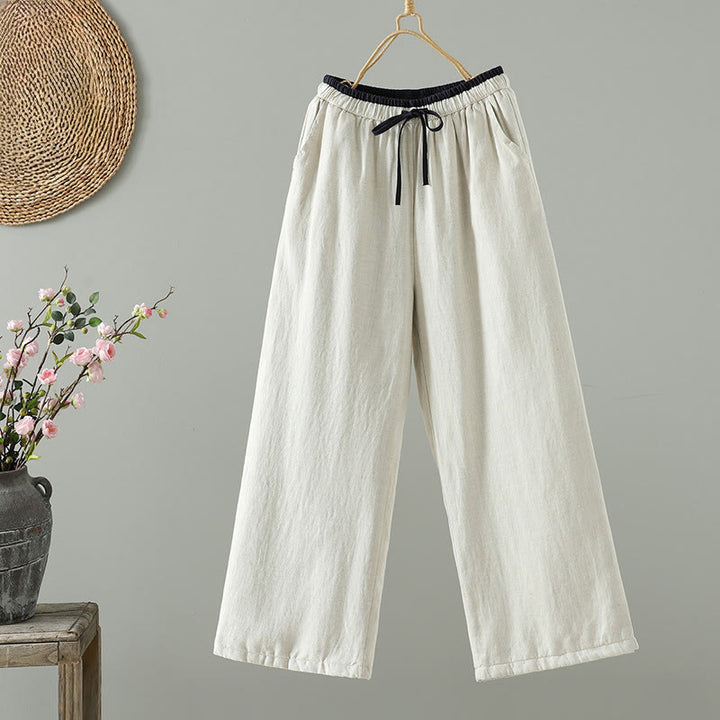 Buddha Stones Winter Contrasting Drawstring Cotton Linen Women's Wide Leg Pants With Pockets - Linen - US8-10，UK/AU12-14，EU40-42 (2XL) - image 6