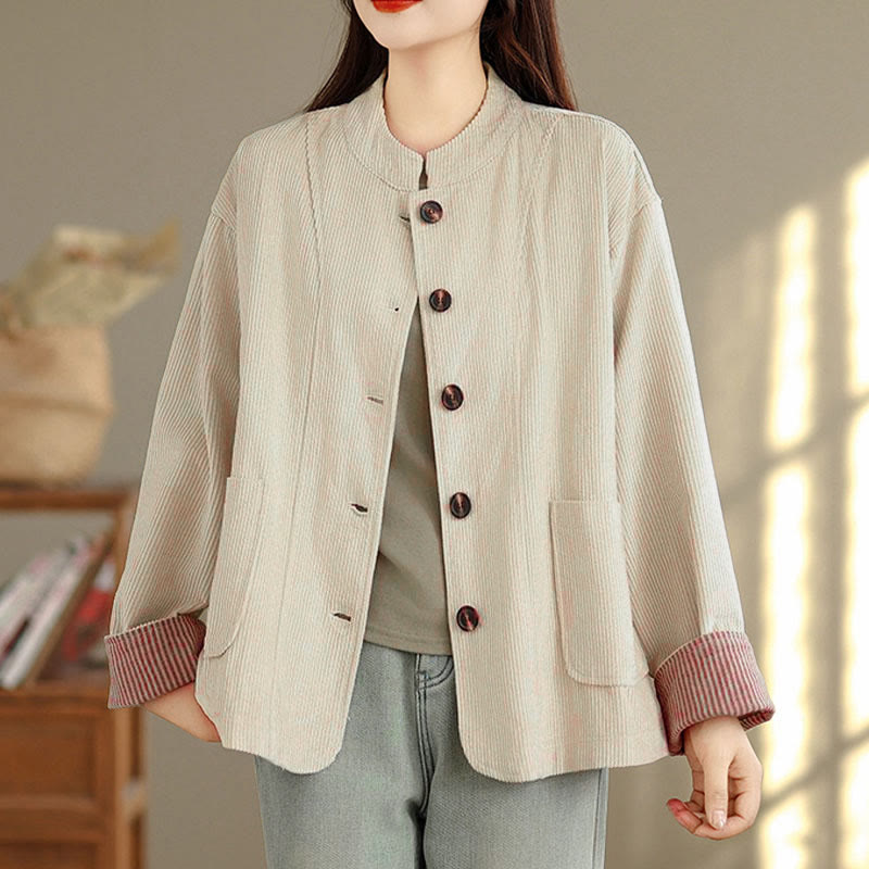 Buddha Stones Buttons Design Corduroy Long Sleeve Women's Jacket With Pockets - image 5