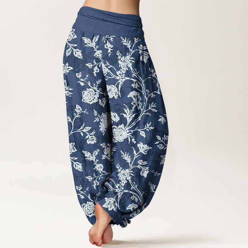 Buddha Stones Cotton Full Coverage Flowers Pattern Women's Elastic Waist Harem Pants - image 1