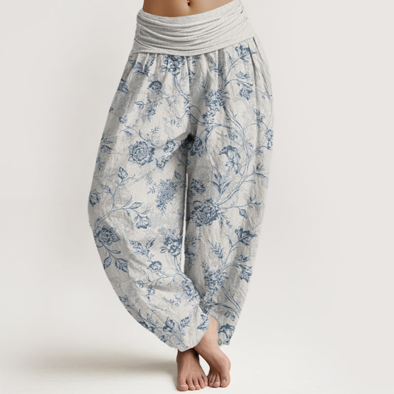 Buddha Stones Cotton Full Coverage Flowers Pattern Women's Elastic Waist Harem Pants - Gainsboro - US16，UK/AU20，EU48 (3XL) - image 8