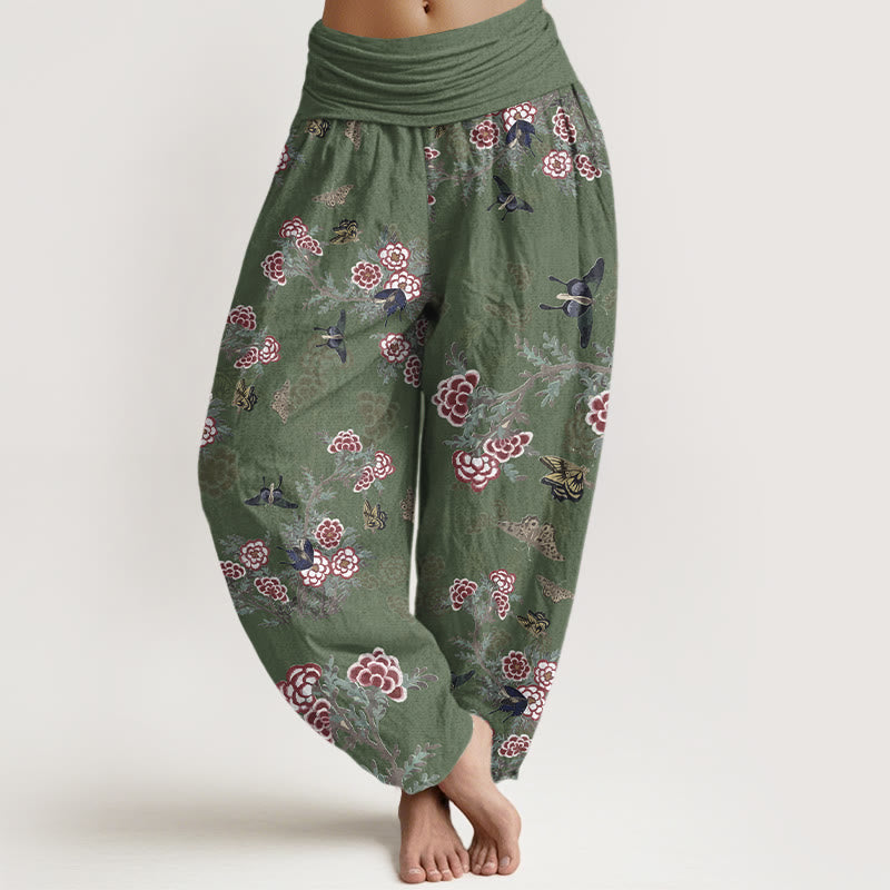 Buddha Stones Cotton Flowers Leaves Butterfly Pattern Women's Elastic Waist Harem Pants - SeaGreen - US16，UK/AU20，EU48 (3XL) - image 5