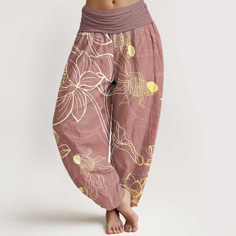 Buddha Stones Cotton Lotus Leaf Koi Fish Women's Elastic Waist Harem Pants - PaleVioletRed - US22，UK/AU26，EU54 (6XL) - image 13