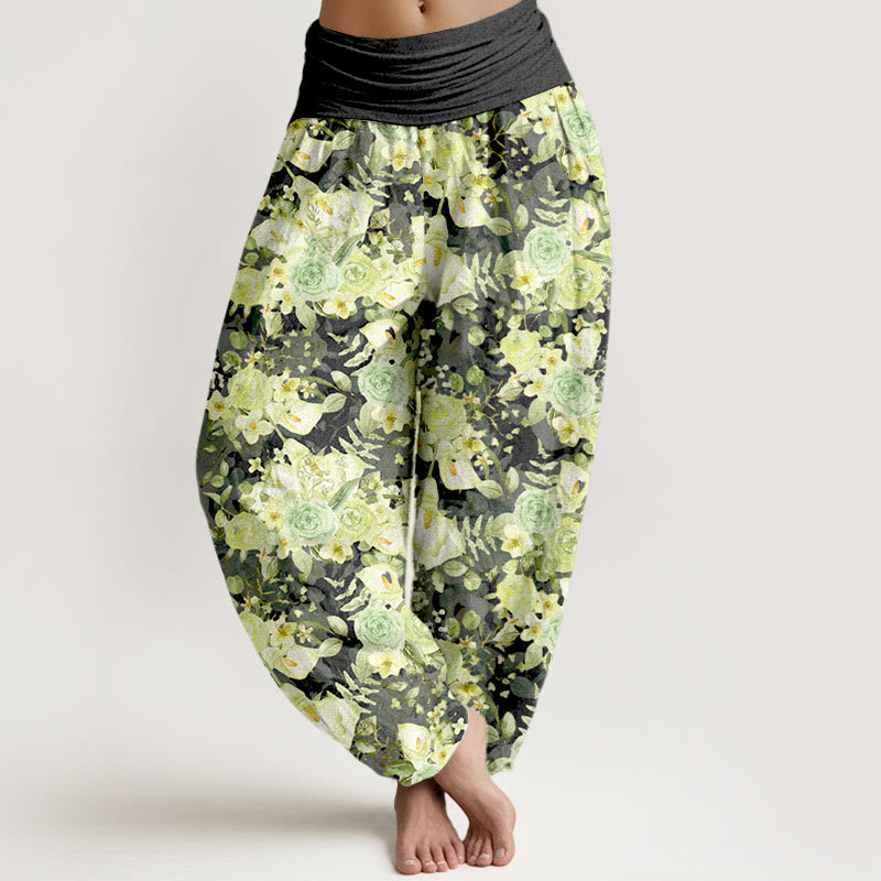 Buddha Stones Cotton Pastoral Flower Pattern Women's Elastic Waist Harem Pants - Black - US16，UK/AU20，EU48 (3XL) - image 8