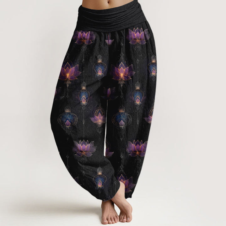 Buddha Stones Cotton Gorgeous Lotus Lantern Pattern Women's Elastic Waist Harem Pants - Black - US16，UK/AU20，EU48 (3XL) - image 8