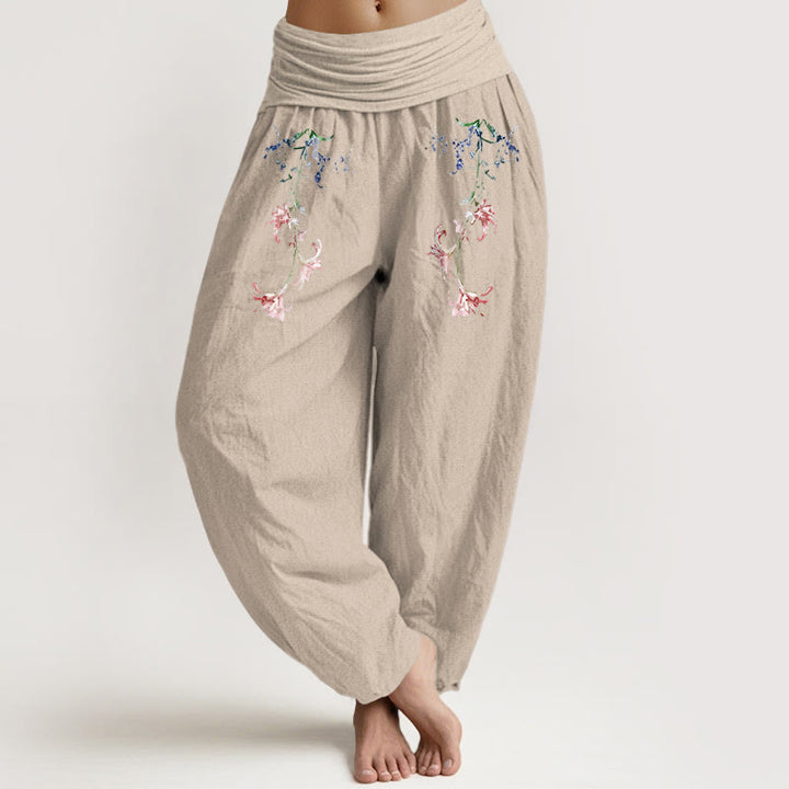Buddha Stones Pure Cotton Simple Pastel Flower Pattern Women's Elastic Waist Harem Pants - Tan - US16，UK/AU20，EU48 (3XL) - image 11