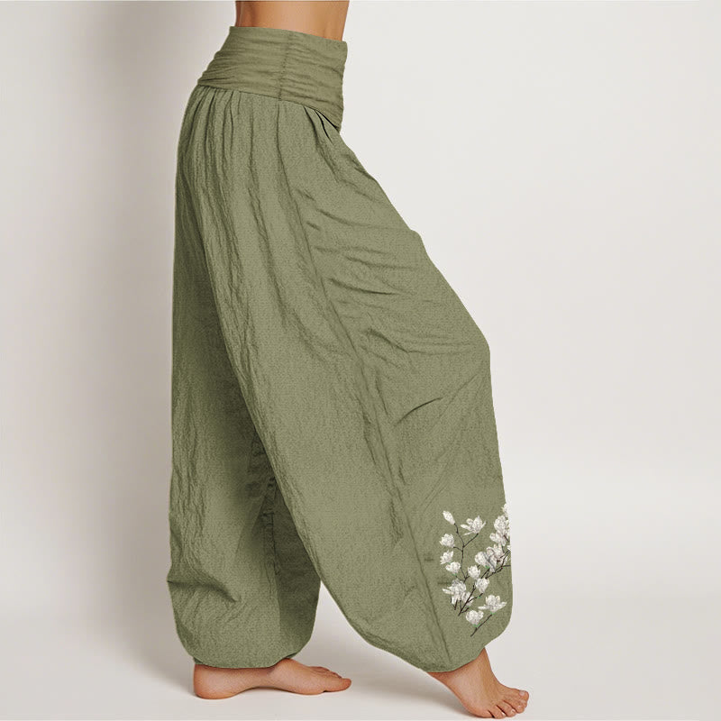 Buddha Stones Pure Cotton Simple Magnolia Flower Pattern Women's Elastic Waist Harem Pants - image 16