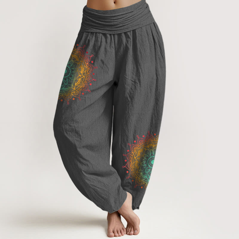 Buddha Stones Pure Cotton Simple Style Mandala Pattern Women's Elastic Waist Harem Pants - DimGray - US16，UK/AU20，EU48 (3XL) - image 8